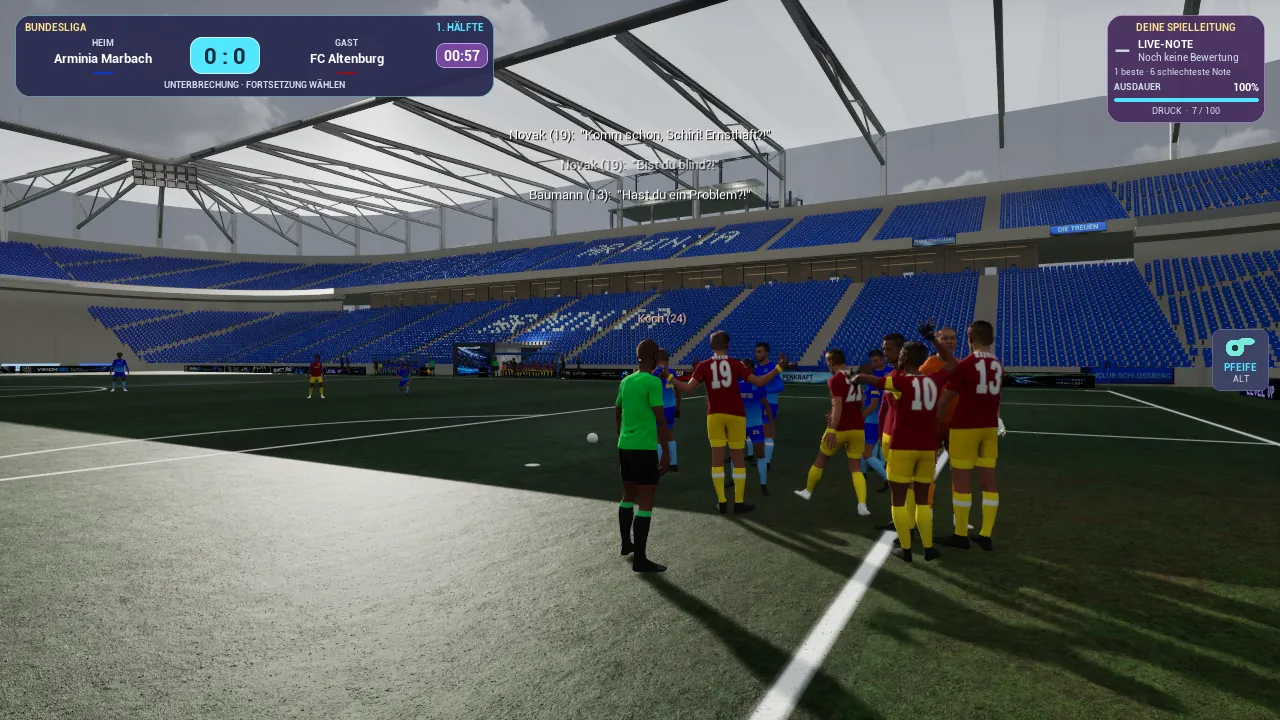 Unparteiisch in-game capture: Players crowd the referee: now clear decisions count.