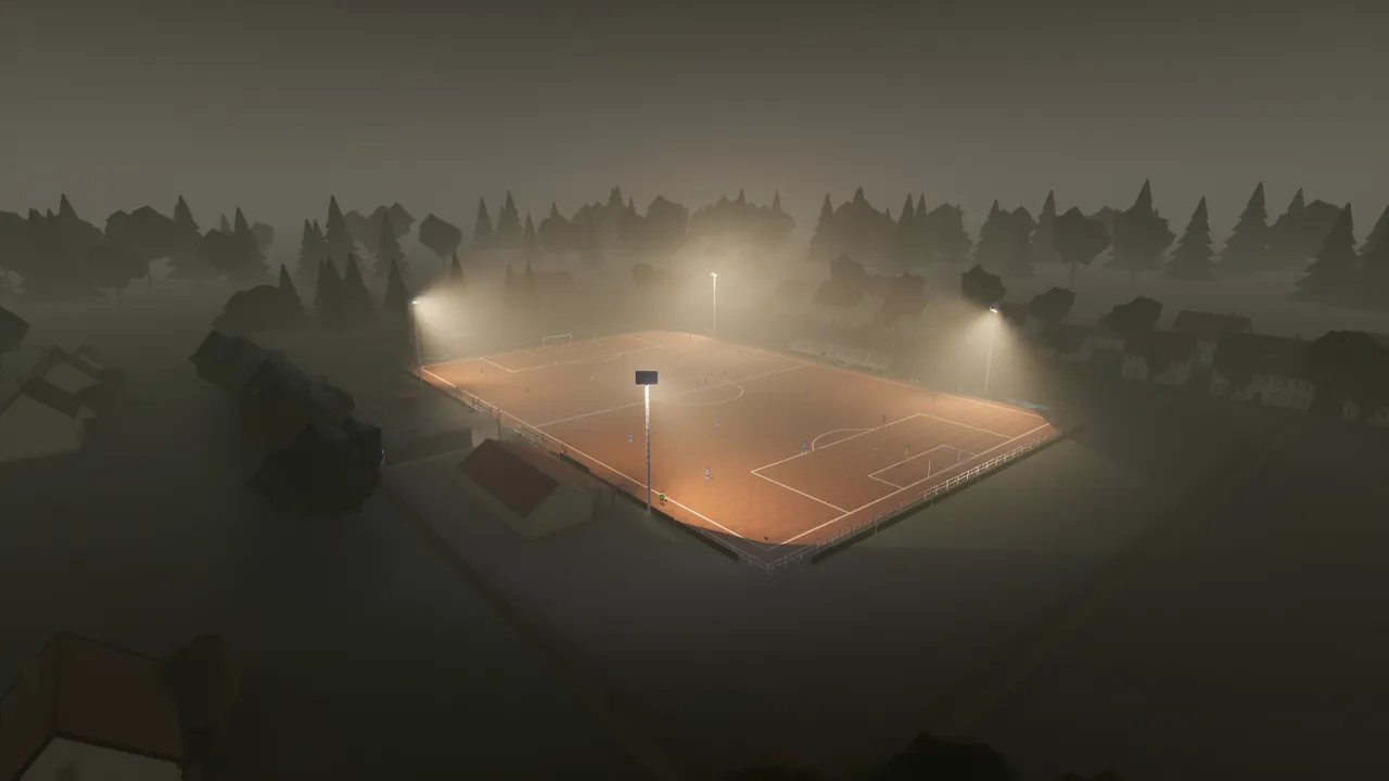 Unparteiisch in-game capture: Floodlights in the fog – an evening match in the village.
