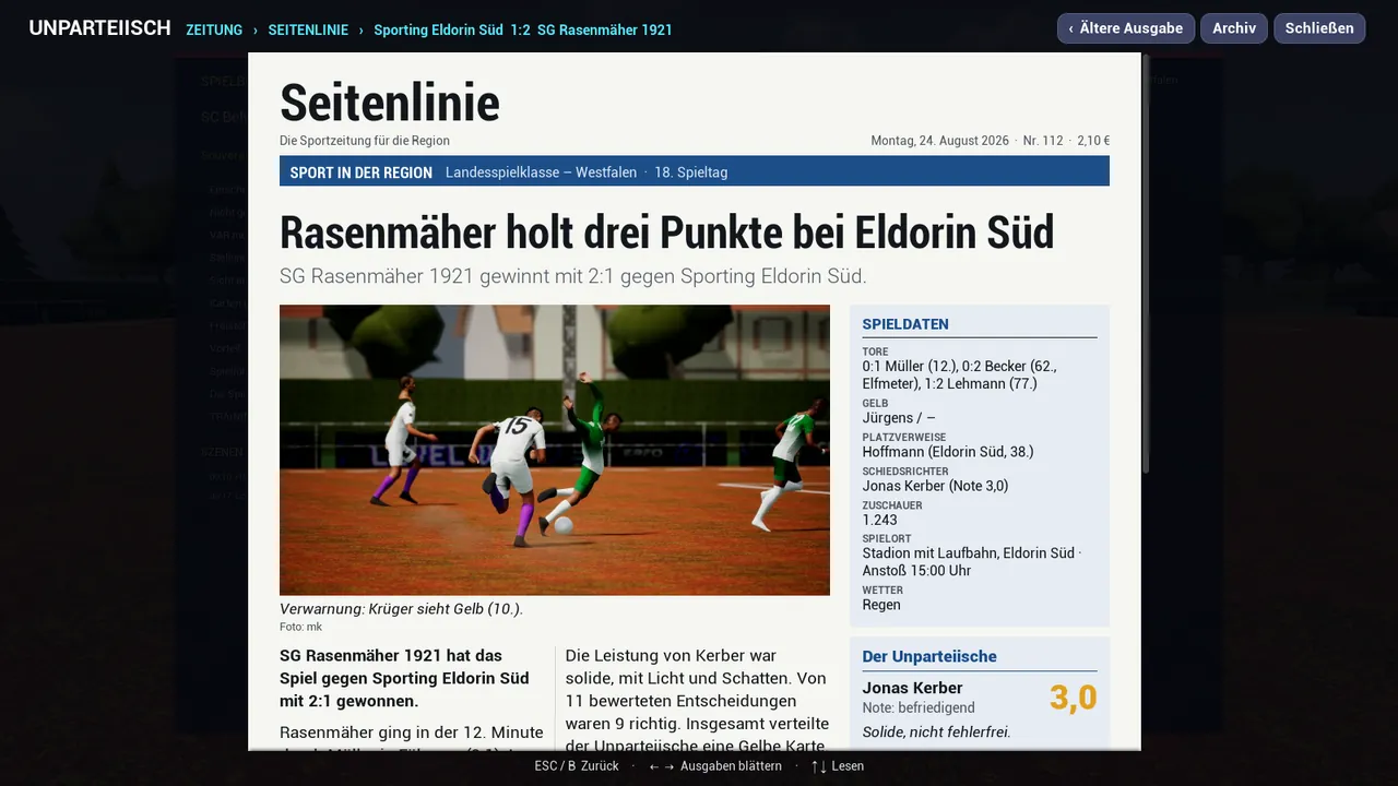 Unparteiisch in-game capture: The day after: the newspaper rates the referee, too.