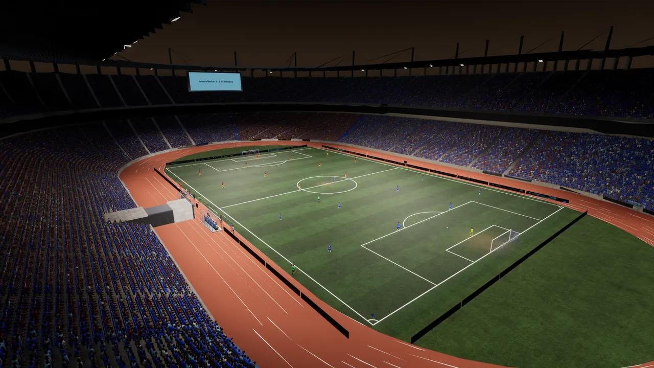Unparteiisch in-game capture: Night match in the big stadium – packed stands, floodlights, running track.