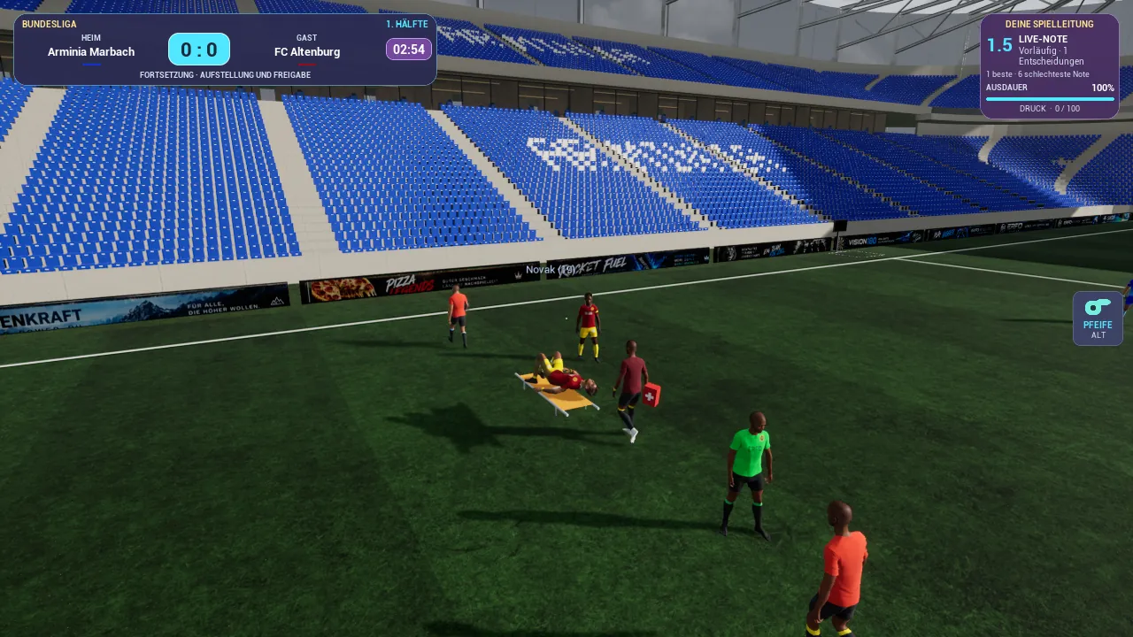 Unparteiisch in-game capture: Injury break: medics carry a player off the pitch.