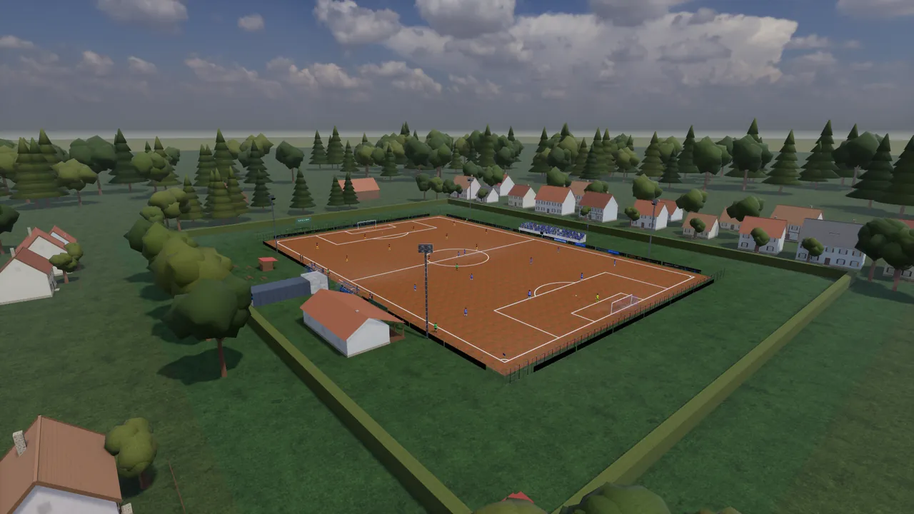 Unparteiisch in-game capture: A village cinder pitch – grassroots football from above.