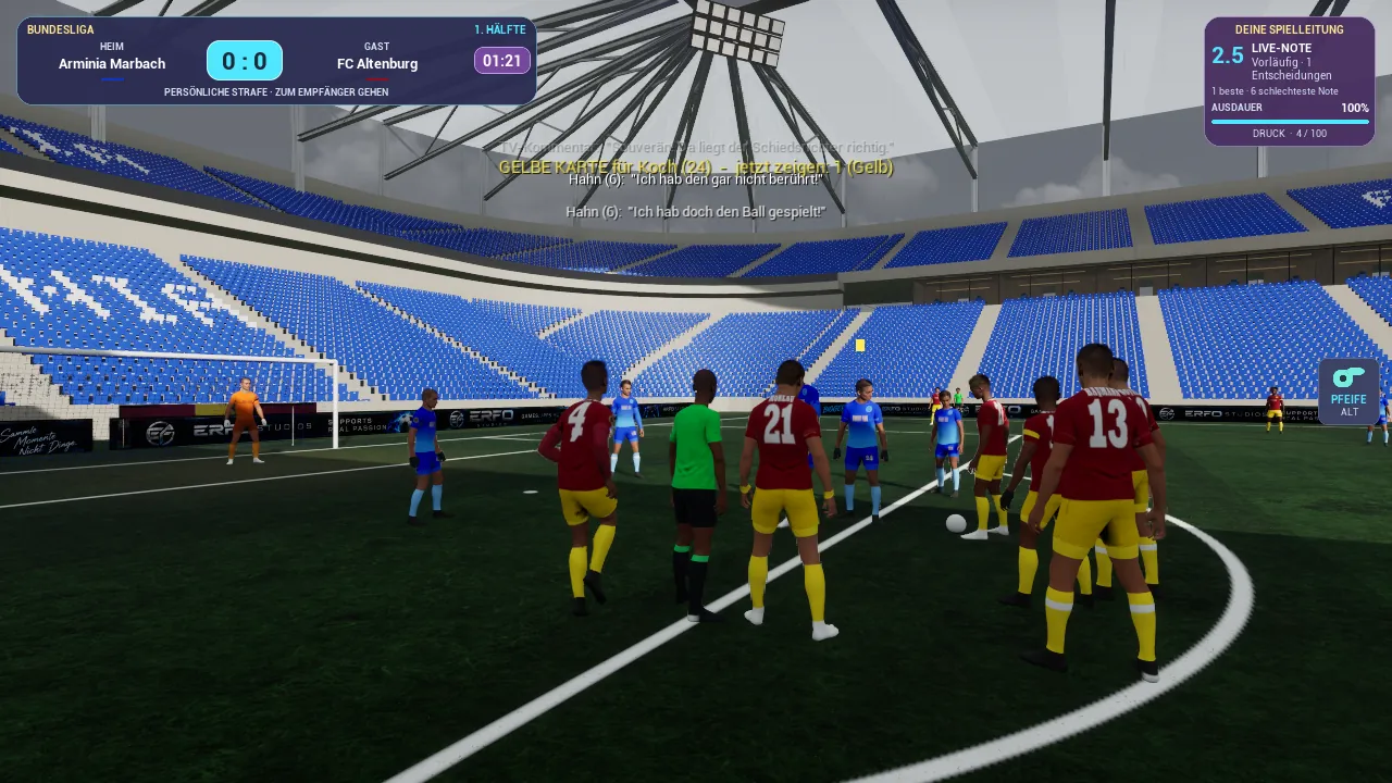 Unparteiisch in-game capture: Yellow card: the player protests while your live rating keeps running.